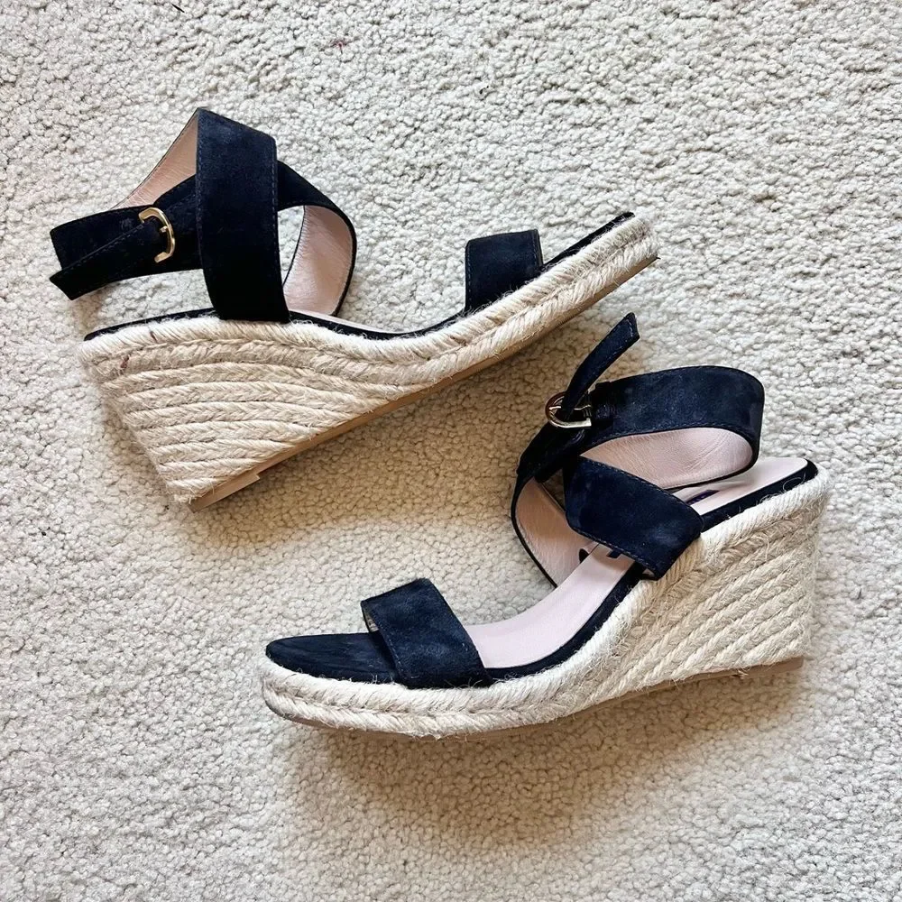 Stuart Weitzman Black Suede Espadrille Wedges with Jute Platform